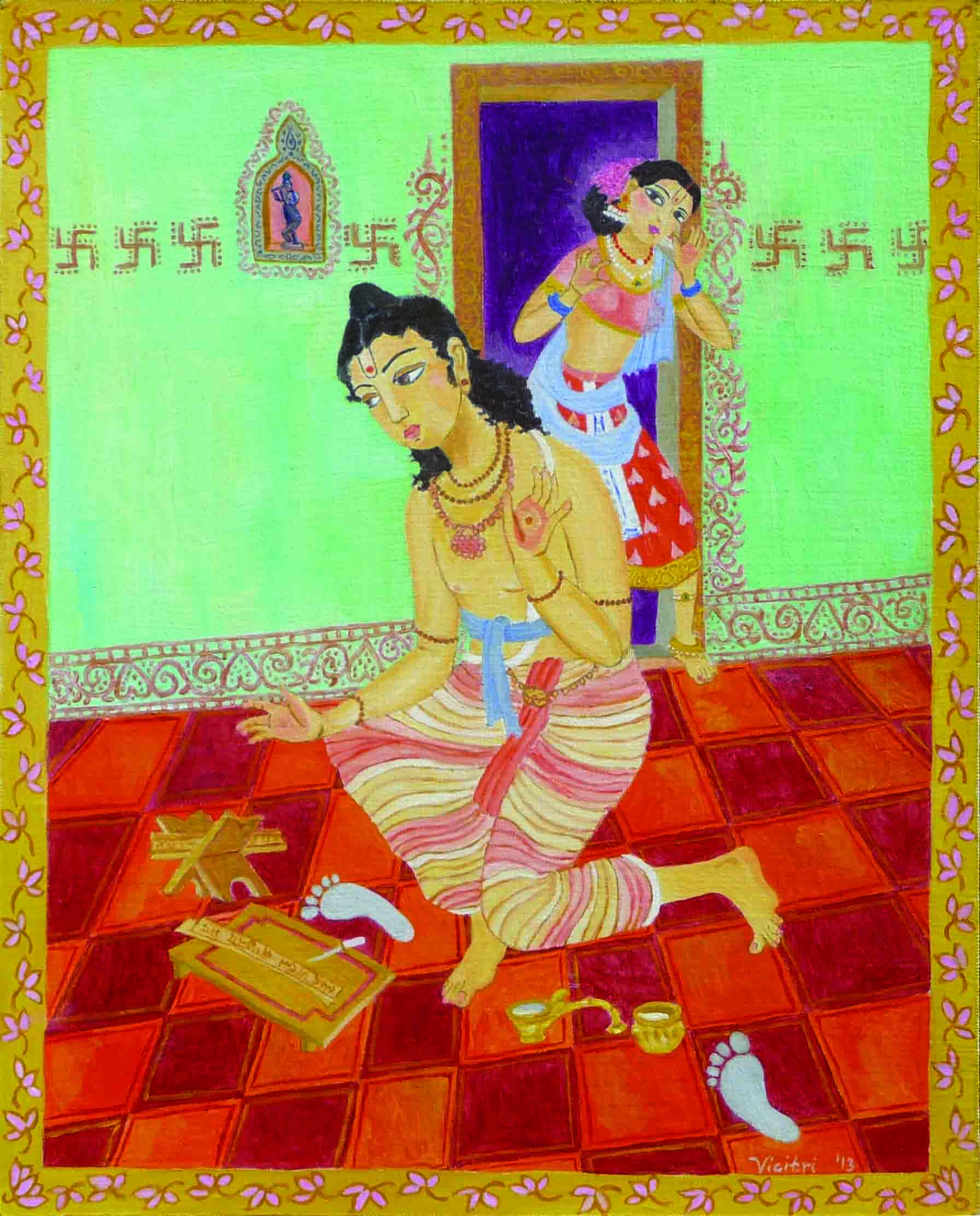 jayadeva and Padmavati astonished to see how Krsna came and wrote the verse in Jayadeva's palm leaf manuscript while Jayadeva was taking bath in the Ganga, smara garala kkandanam mama srirasi mandanam dehi pada pallavam udaram, Gita Govinda