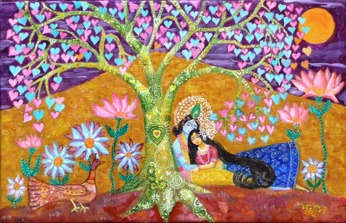 under the love tree, the divine loving couple, Radha and Krishna embracing, valentine tree, purple and gold painting, purple sky, orange moon, golden mountain, dancing flowers, hearts galore, prema everywhere, lounging together, sweet love, love tree, love play successful