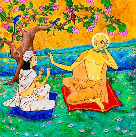 Say No More - Ramananda Raya and Chaitanya Mahaprabhu in discussion at Godavari - oil painting on board