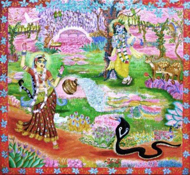 Oh Madhava Save Me - Radha frightened by snake, Krishna watching and waiting for her to jump into his arms - oil painting on board.