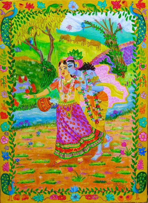 Krishna pulling a prank, taking Radha by surpirse, surprise tactics in the woods