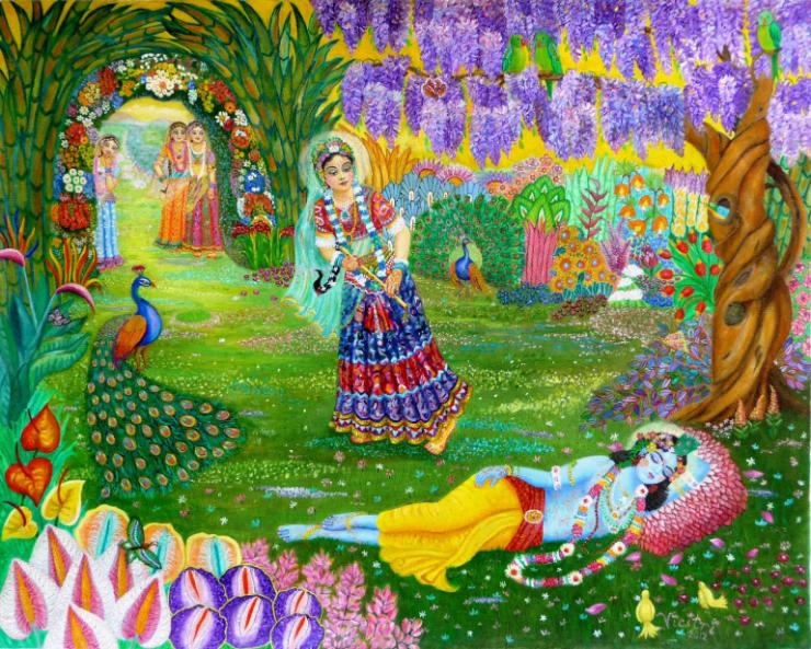 Radha Stealing Krishna's Flute, Vamsi Chori lila, oil on canvas