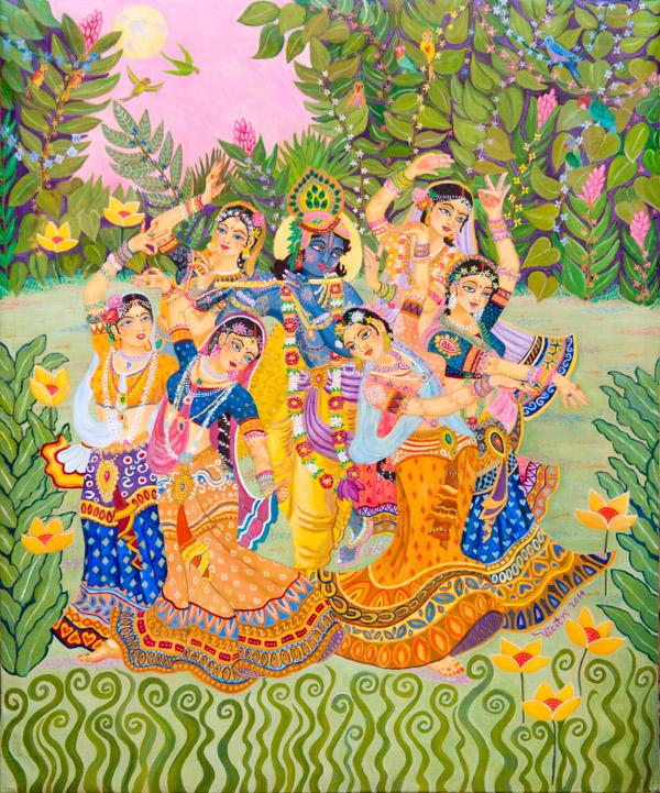 Rasa lila, the circle dance, Krishna attracting all the gopis, dancing in the forest, gopis dancing, Krishna the all-attractive principle, there is no woman in all the three worlds who won't be attracted to Him, Krishna plays the flute and the gopis come running, the height of all pleasure, the sky was pink, soft breezes were blowing, frangrance of jasmine filled the air, the moon shone soft rays, no one could resist, Cupid was defeated by Krsna's beauty, Krishna the center of all existence and all beautyf dances around Him for His pleasure, madhurya rasa, the expert lover, irresistible 