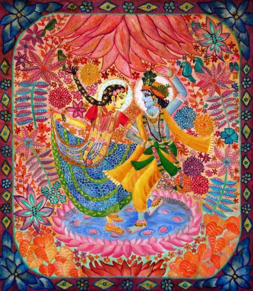 Radha Krishna dancing in the kunja - dancing in the forest -oil painting on board