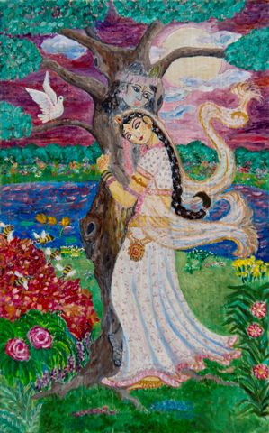 Radha embracing a tamala tree in separation from Krishna - oil painting on board