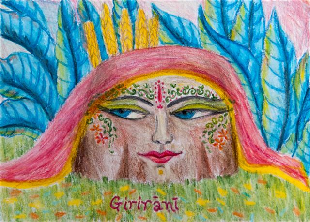 Girirani - female form of Giriraja Govardhan -  watercolour pencils on paper