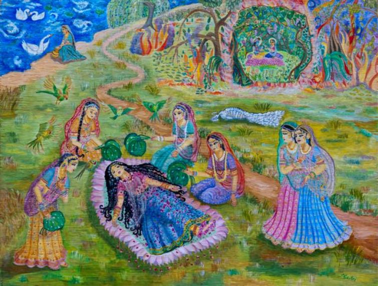 Radha fainted in separation from Krishna - oil painting on board