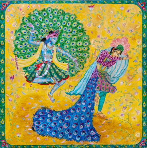 Peacock Dance - Radha and Krishna dancing as peacocks - oil painting on board