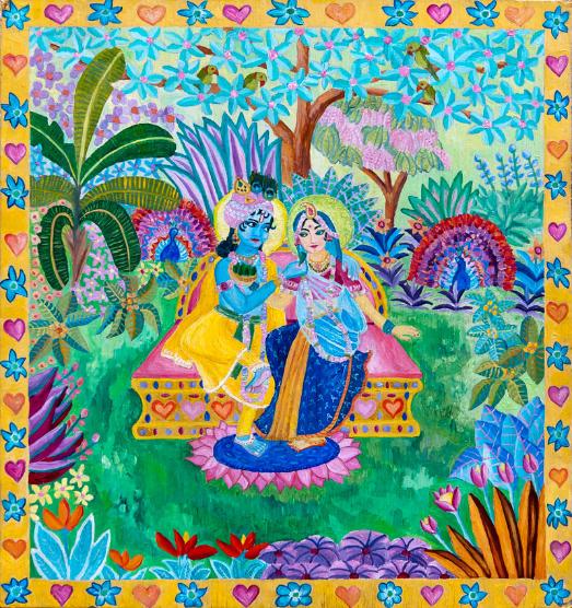 Ratna Vedi - Radha Krishna on throne - oil painting on board
