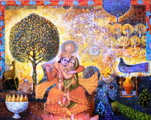 yugala murti, loving embrace, golden landscape, golden lovers,collage